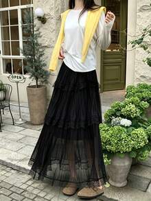 2026 Spring/Summer New High Waist Lace & Mesh Patchwork Pleated A-Line Skirt, Slimming Flowy Flared Skirt Black - Black - View 2
