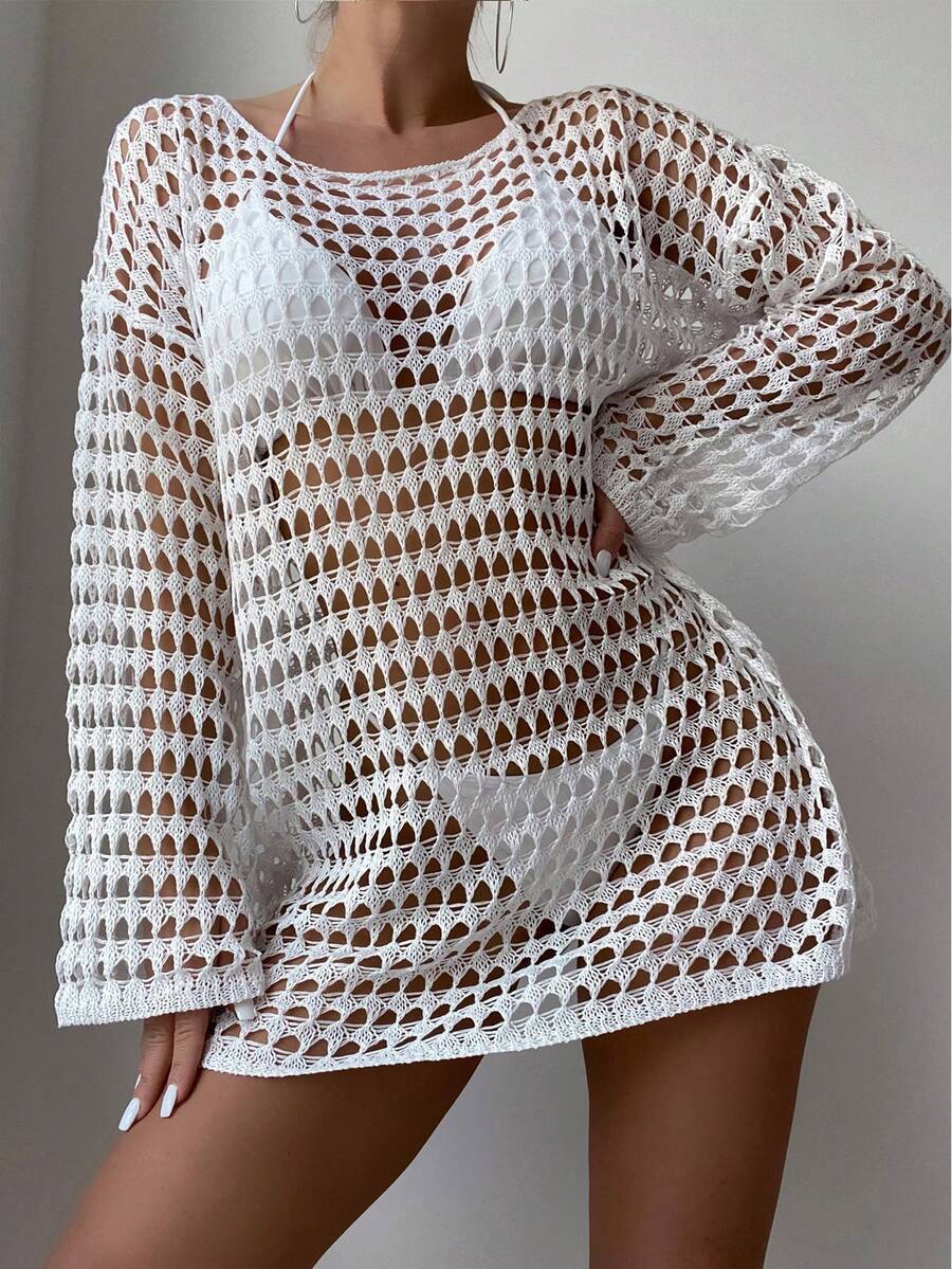 Swim Vestido cover up con abertura de hombros caídos sin set bikini - Blanco - Ver 1