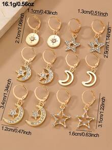 6pcs/Set Girls Rhinestone Star & Moon Pendant Earrings Set, Suitable For Daily Decoration For Kids - Gold - View 5