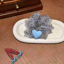 1pc Soft Pink & Blue Leopard Print Sheer Mesh 3D Fabric Heart Scrunchie, Sweet Girly Elastic Hair Tie, Korean Style Soft & Spicy Aesthetic, Youthful Hair Accessory For Students, Daily Commute, Bestie Dates, Spring Outings Ponytail Elastics Rubber Bands - Multicolor - View 7