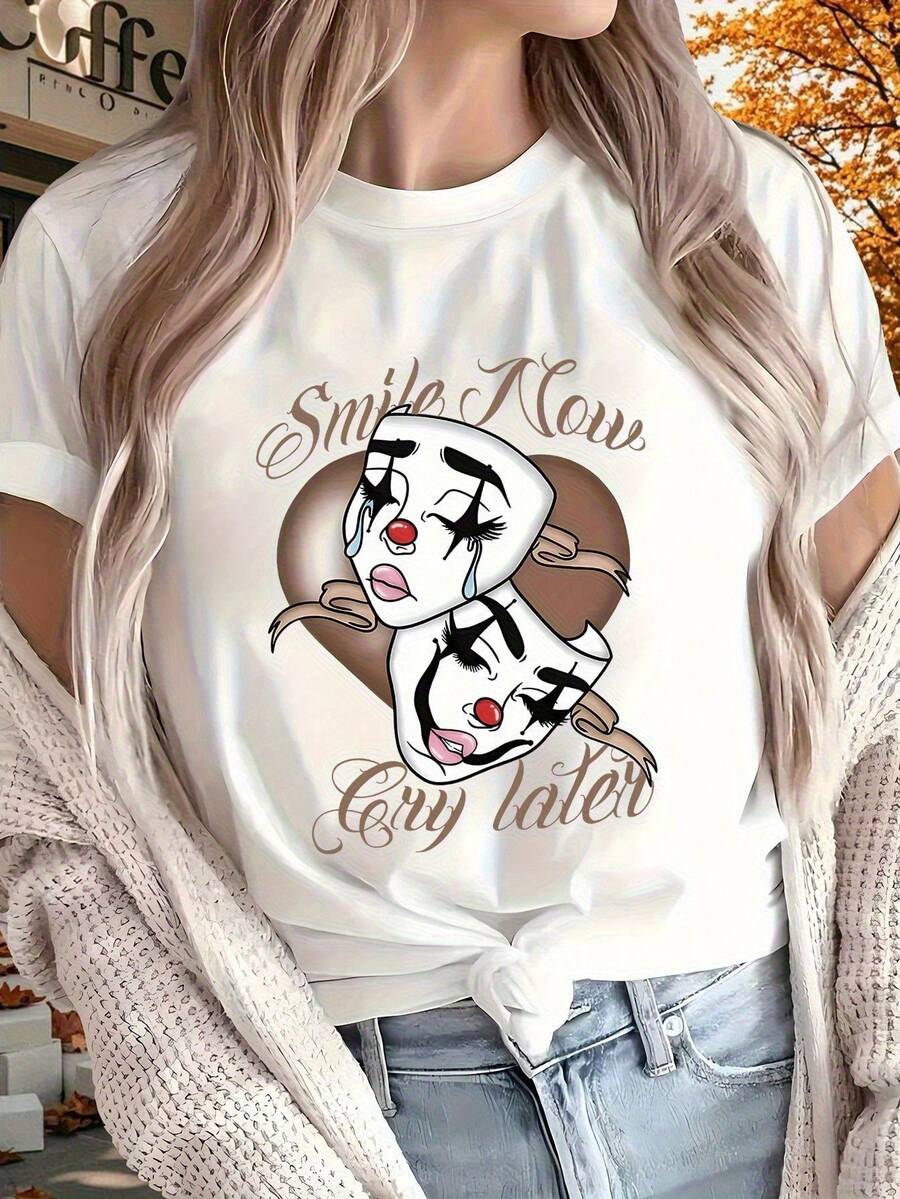 Women's Funny Graphic T-Shirt With Mask - "Smile Now, Cry Later" Slogan - Soft Casual T-Shirt For Everyday Wear - White Top For All Seasons - 白色 - 查看 1
