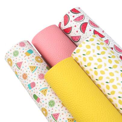 5Pcs/Set 7.87x12.99inch Fruits Theme Faux Leather Set Watermelon Lemon Printed Solid Color Chunky Glitter Synthetic Leather Sheets For DIY Earrings Hair Bows Crafts Projects