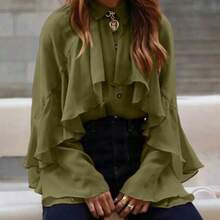 TADT Blusa holgada de gasa con volantes elegantes para mujer, adecuada para uso diario, citas, viajes al trabajo, vacaciones, color verde primaveral - Verde - Ver 1