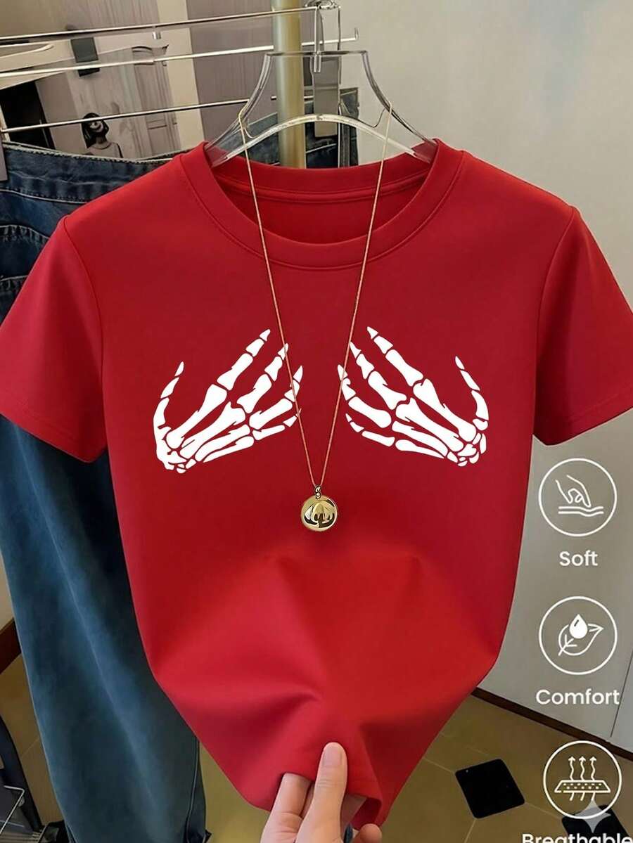 Women's White T-Shirt With Skeleton Hand Print On Chest, Casual Short Sleeve Gothic And Aesthetic Style T-Shirt, Soft And Breathable Fashionable Alternative Modern Top - 紅色的 - 查看 1