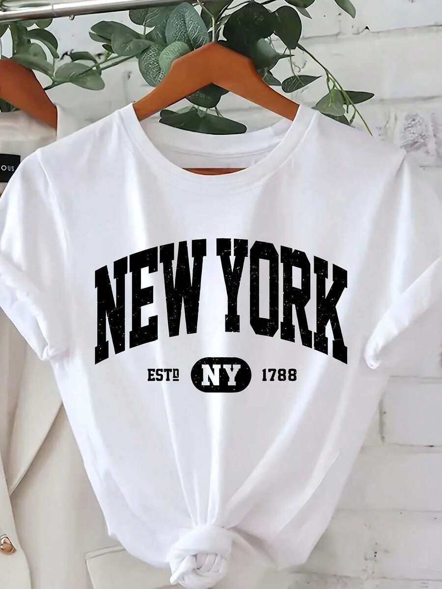 T-shirt Femme Été Vacay Vibe Motif Lettres New York Col Rond, Haut Décontracté à Manches Courtes pour Femme, Printemps & Été - Blanc - Voir 1