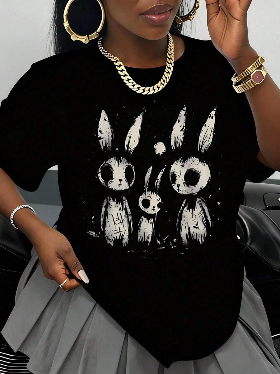 Camiseta con Estampado de Conejo Blanco y Negro, Camiseta Gráfica Oversize para Mujer, Ropa Casual de Moda Urbana, Top Unisex para Verano, Idea de Regalo de Cumpleaños - Negro - Ver 1