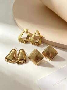 6pcs Large Exaggerated Geometric Gold Plated Stainless Steel Earrings, Hypoallergenic, Women's Fashion Earrings, Suitable For Daily Wear, Valentine's Day Birthday Gift - Gold - View 5