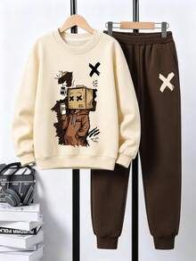 2pcs Set Suitable For Teen Boys, Crew Neck Sweatshirt And Elastic Waist Pants Set, Graffiti Cartoon Character Cardboard Head With Coffee Print Pattern Crew Neck Sweatshirt + Jogger Sweatpants Set, Suitable For Autumn/Winter Daily Wear - Multicolor - View 2