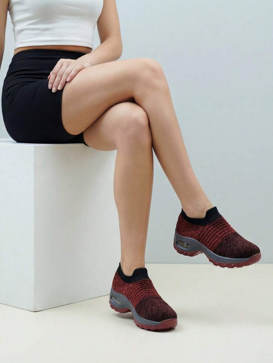 Women's Two-Tone Knit Slip-On Athletic Shoes With Air Cushion Thick Sole Walking Shoes