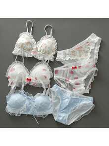 Fresh Style Students Lace Print Small Bust Cotton Lining Straps Bra Set. - With Pretty White Trim + M. - View 3