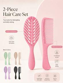 Detangling Comb Set, Wide-Tooth Comb Set, Pink Green Black Beige Purple Plastic Wet/Dry Styling Tools, Hollow Back Brush With Flexible Round-Tip Bristles, Smooth Teeth, Suitable For Curly Wavy Thick Hair, Post-Wash Hair Care, For Women Home And Travel Use - Multicolor - View 4