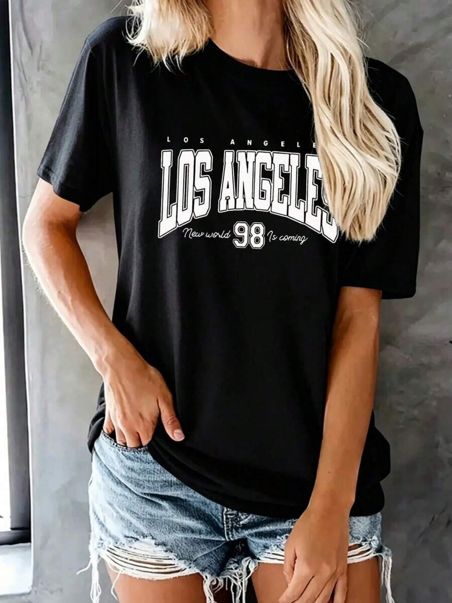 Playera Casual Oversize Mujer con Diseño "Los Angeles 98" - Estilo Streetwear Americano DGU0 - Negro - Ver 1