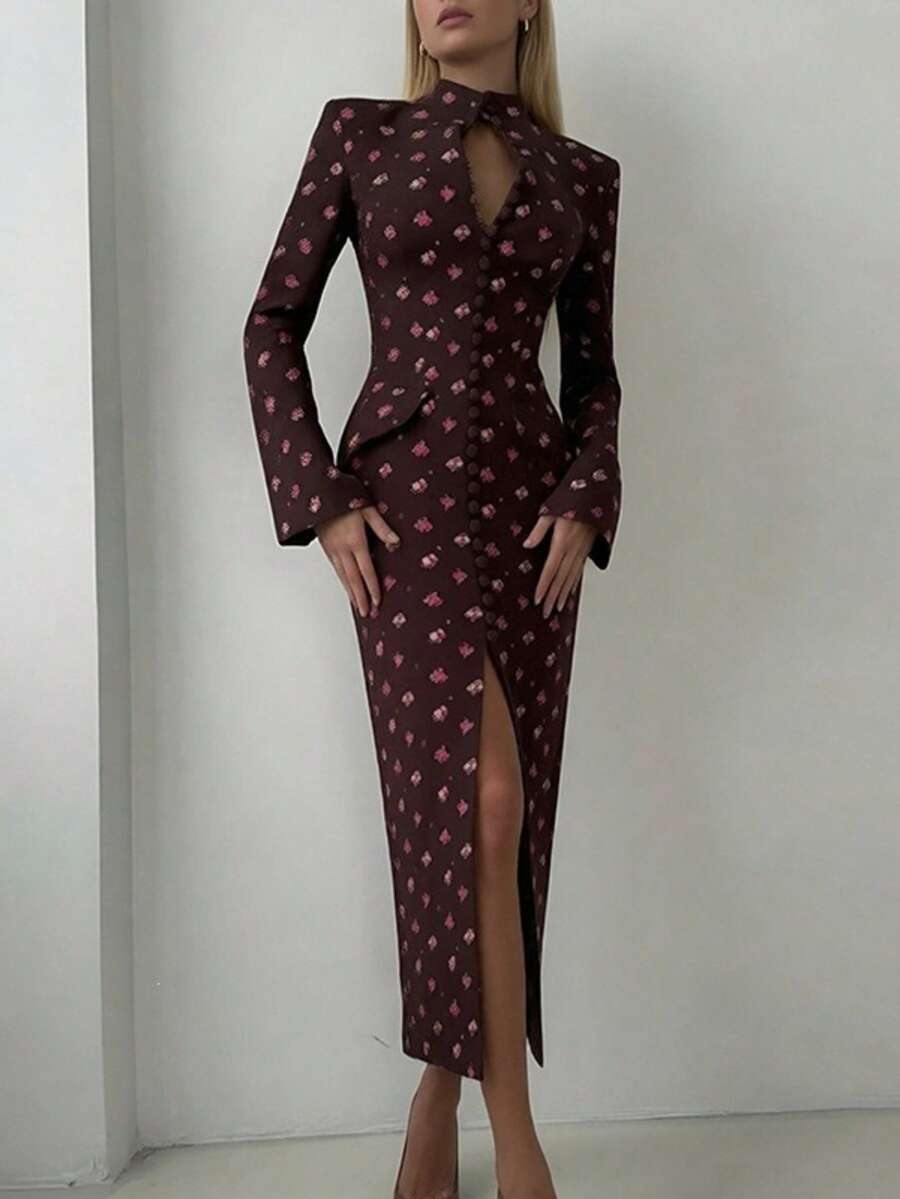 Vestido ajustado de lunares con detalles de botones muy popular - Morado - Ver 1
