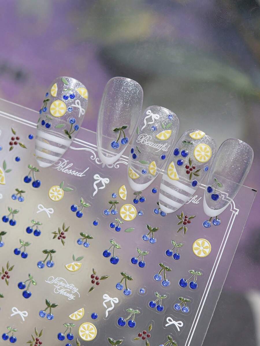 1件 3D 水鑽草莓與葡萄美甲貼紙,亮粉紫色水果自黏式美甲貼花,可愛寶石美甲裝飾 - 彩色 - 查看 1