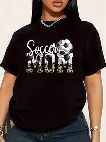 Camiseta de Mujer Talla Grande "Soccer Mom" 1 Pieza, Divertida, con Estampado Gráfico, Manga Corta, Novedosa, 100% Algodón, Cuello Redondo Casual, 220g - Negro - Ver 1