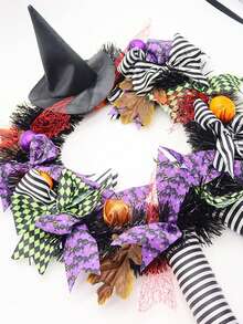 Halloween Hexen-Kranz Dekorationsset mit schwarzen Fledermaus-Wandaufklebern und bohrfreien Haken, geeignet für Haustür, Kamin, Fenster, Wohnzimmerwand, Partyhintergrund, Spukhaus-Dekoration, Süßigkeitentisch und Halloween-Fotobereich, Hexenhut, gestreifte Beine, Kürbis, Schleifen-Elemente schaffen eine starke festliche Atmosphäre. - Halloween-Kranz-Set - Übersicht 6