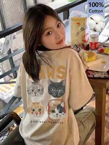 Japanese Women's Spring And Summer Pure Cotton Crew Neck Loose Fit 100 Pieces Simple Print Short Sleeve T-Shirt - Light Grey - View 2