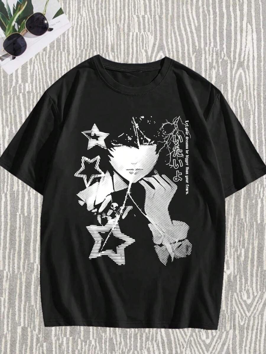 Camiseta Negra de Cuello Redondo con Diseño Gráfico Blanco - Estilo Anime de Personaje Monocromático, Estrellas Blancas y Texto Vertical Japonés - Camiseta Suave y Casual, para Fans de - Negro - Ver 1