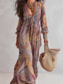 ¡RENUEVA TU ARMARIO YA!Vestido de Primavera Verano para Mujer, Estampado Paisley, con Volantes, Corte Holgado, Estilo Casual y Boho, Más Vendido, Perfecto para Vacaciones, Looks de Día - Negro - Ver 2