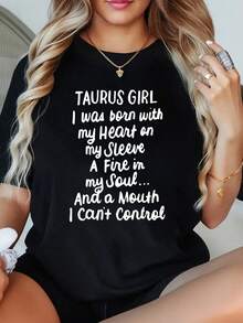 1 Piece Women's Humorous Birthday T-Shirt With Constellation "I'm Taurus" Plus Size, 220g Short Sleeve Graphic T-Shirt, Novelty, 100% Polyester, Casual Crew Neck T-Shirt - 黑色 - 查看 1