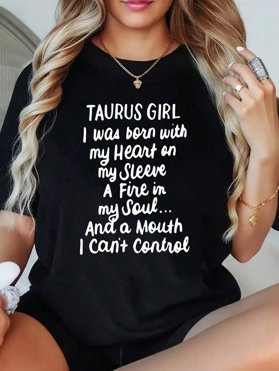 1 Piece Women's Humorous Birthday T-Shirt With Constellation "I'm Taurus" Plus Size, 220g Short Sleeve Graphic T-Shirt, Novelty, 100% Polyester, Casual Crew Neck T-Shirt - 黑色 - 查看 1