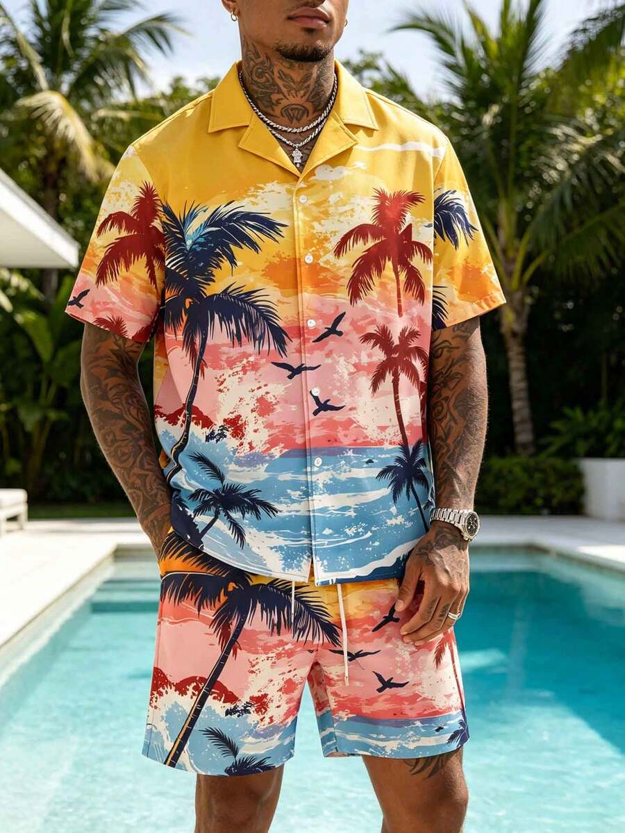Striville Men's Sunset Palm Tree Print 2-Piece Set Shirt Collar Beach Shirt And Shorts - Multicolor - View 1