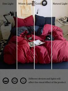 New Solid Color Dual-Tone Nordic Style Minimalist Polyester Fiber Duvet Cover 3 Pieces Set - Red - View 9