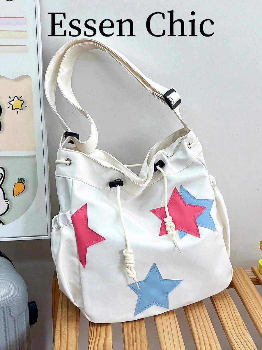 1pc White Summer New Star Decor Large Capacity Nylon Tote Bag Women's Shoulder Crossbody Bag