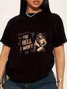 I'm Not Hello Western Aesthetics Rodeo Texas Women's Plus Size T-Shirt, 1 Piece, Funny Graphic Print, Short Sleeve Novelty, 100% Cotton, Casual, Crew Neck, 220 - 黑色 - 查看 1