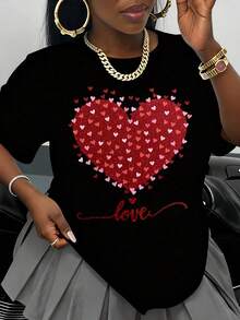 Camiseta Blanca con Estampado de Corazón Rojo Brillante para Mujer, Top Casual para el Día de San Valentín, Idea de Regalo Romántica, Camiseta de Moda con Cuello Redondo - Negro - Ver 1