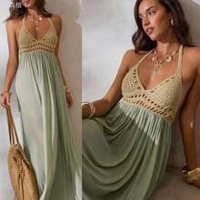 jianchaimaoyi02  Vestido elegante y sexy con escote en V profundo, hecho de ganchillo y parches de malla, para mujer. Ideal para vacaciones, atuendo de playa y vestidos de - Caqui - Ver 1