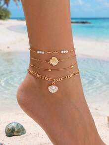 3pcs/Set Summer Beach Vacation Style Layered Anklet Set, Fashionable Versatile Shell Decor Gold Anklets, Women's Foot Jewelry Suitable For Daily Wear, Vacation, Date And Party - Multicolor - View 1