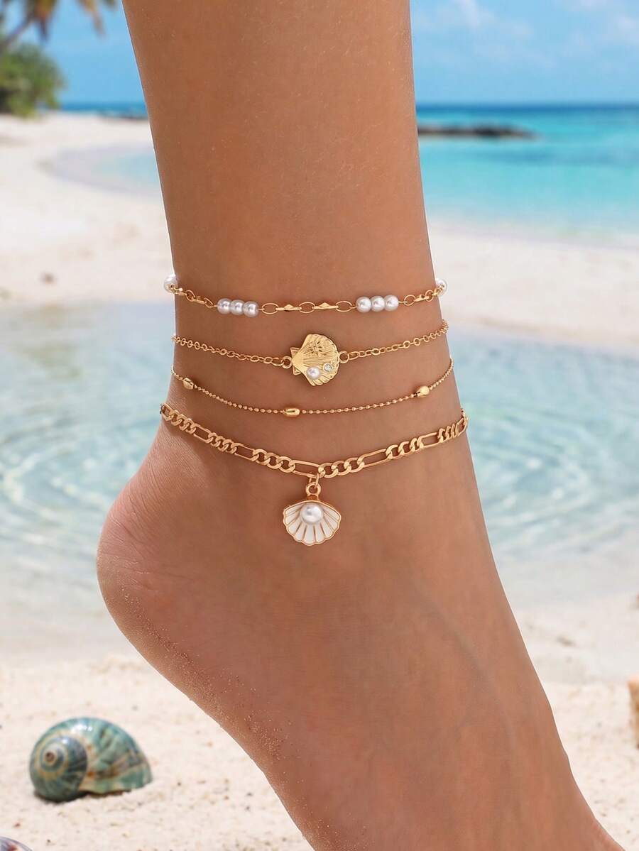 3pcs/Set Summer Beach Vacation Style Layered Anklet Set, Fashionable Versatile Shell Decor Gold Anklets, Women's Foot Jewelry Suitable For Daily Wear, Vacation, Date And Party - Multicolor - View 1