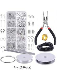 1把鉗子 + 1個圓環/800個/800個 + 工具/580個/580個 + 工具珠寶製作入門套裝，包含耳環、項鍊配件、DIY串珠鉗子工具組、珠寶維修工具組及珠寶配件，適合成人與初學者 - 彩色 - 查看 10