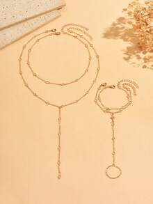 4pcs/Set Minimalist Elegant Gold-Tone Transparent Rhinestone Y-Shaped Necklace & Finger Chain Jewelry Set, Design-Driven Eight-Pointed Star Decor Bracelet, Suitable For Women's Daily Wear, Commute, Party And Date, Chain Length Adjustable By Cutting - Gold - View 2