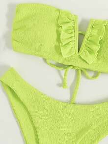 Fluorescent Green Wavy Pattern Strapless Two Pieces Bikini, V-Neck Ruffle High-Waist Swimsuit, Sexy Beach Vacation Summer Swimwear - Lime Green - View 5