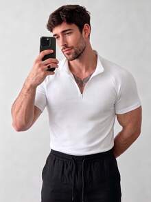 Men's Summer Fashion Raglan Sleeve Zipper Collar Short Sleeve T-Shirt, Suitable For Sports, Fitness And Daily Wear - White - View 9