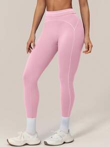 TimeOff Pantalones deportivos largos cortos de cintura alta con control de abdomen, decoración de línea blanca y bloques de color para mujer, 1 pieza - Rosa - Ver 8