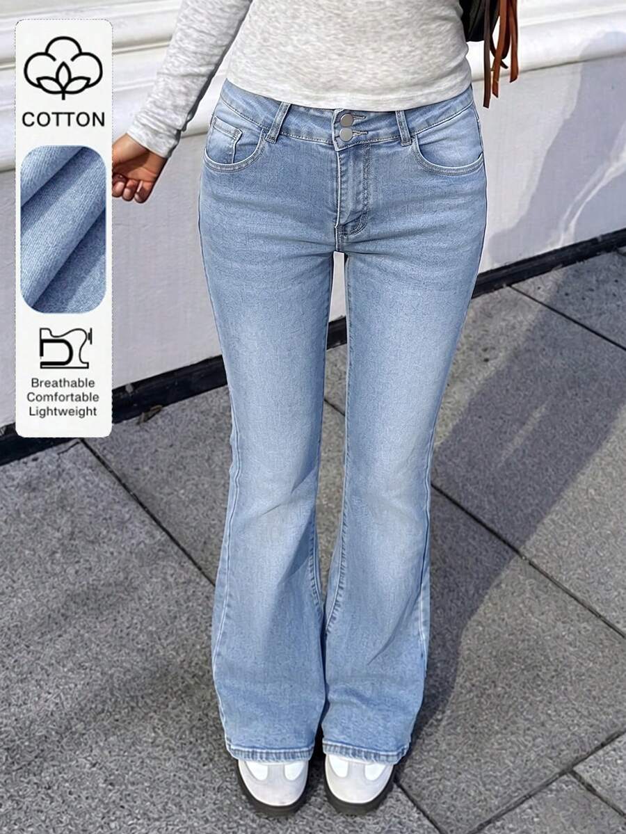 Comfortable Stretch Fabric, Low-Waist Style, Front Button Closure, Slim & Sexy, Washed Solid Color Pocket Women's Jeans - Medium Wash - View 1
