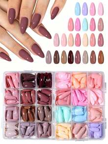 576 Pcs (24 Mixed Colors) Long Almond Glossy Brown, Light Brown Acrylic Press-On Nails, Perfect Fit, Easy To Wear, Suitable For Women's Daily Work, Parties, And Other Occasions. - Multicolor - View 2