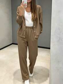YI XUAN Women's 2pcs Set, Sports Casual Knit Cardigan Button Jacket And Drawstring Pants,Cotton Material Women's Clothing For Fall And WinterBrown Suit - Coffee Brown - View 7