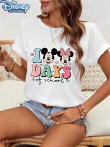 Disney  Cute, T-Shirt, Mickey And Minnie Mouse Design, Cotton Blend, Women's Casual Wear, One Size - White - View 1