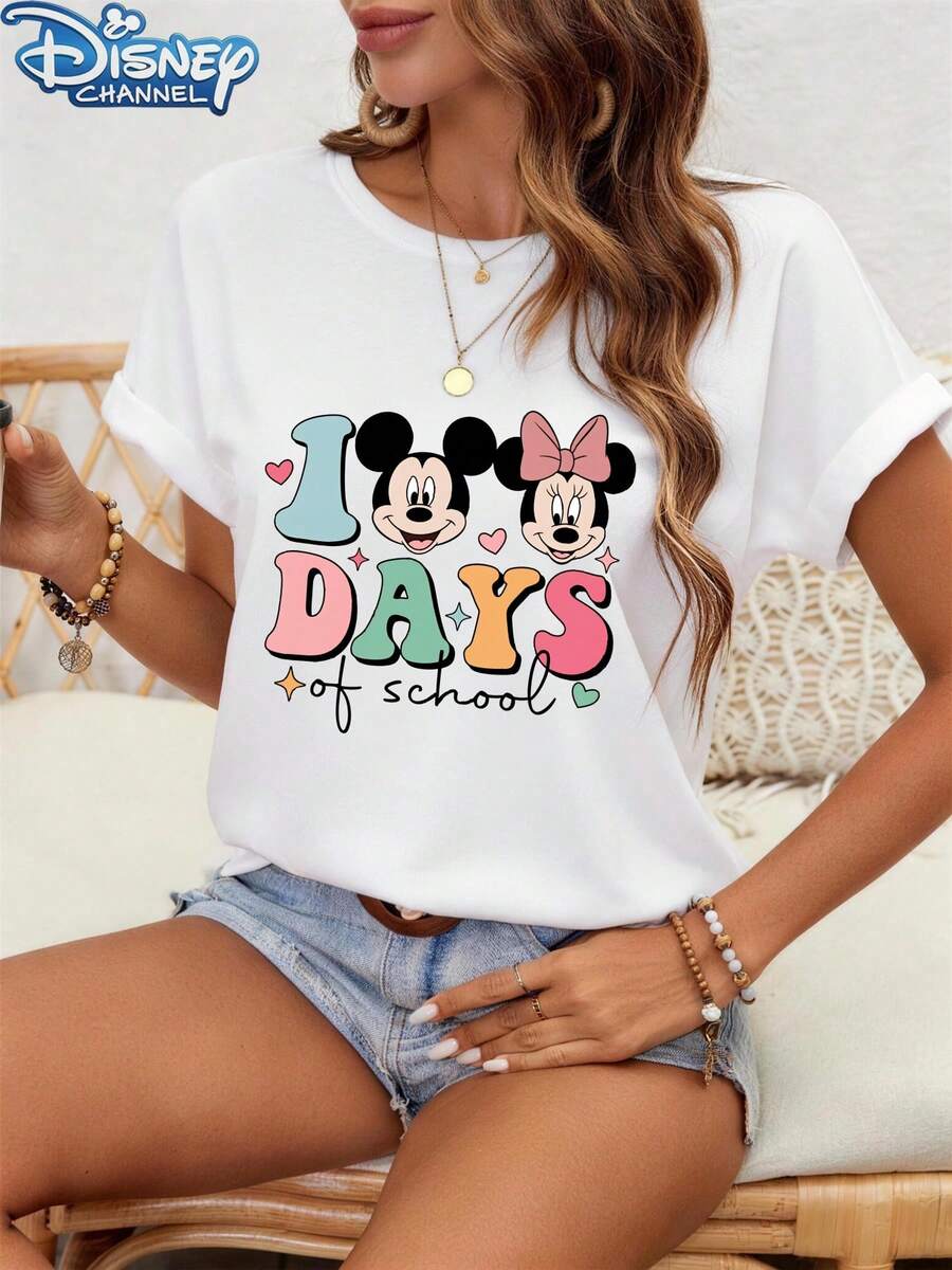 Disney Cute, T-Shirt, Mickey And Minnie Mouse Design, Cotton Blend, Women's Casual Wear, One Size - White - View 1