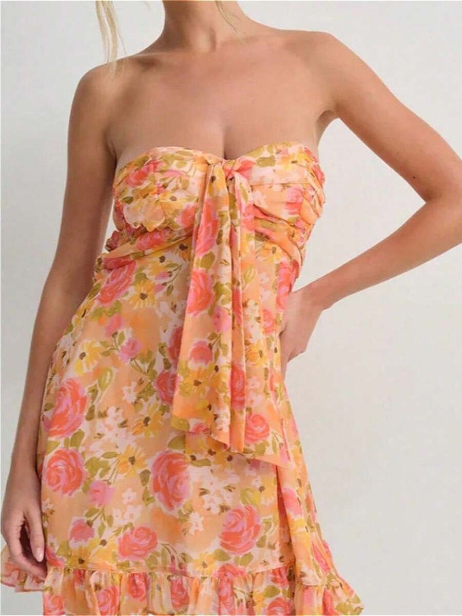 Vestido de mujer estilo boho floral sin tirantes con top palabra de honor y lazo frontal, elegante vestido corto de corte A con bajo acampanado. - Naranja - Ver 1