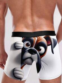 3D Probe Boxer Dog Print Men's Boxer Briefs (Pack 1), Cute Cartoon Pet Style Men's Underwear, Fluffy Puppy Cartoon Print Men's Boxer Briefs - Black - View 3