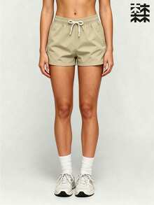 mulinsen Women's Casual Drawstring Waist Sports Shorts With Side Slit Pockets - Khaki - View 4