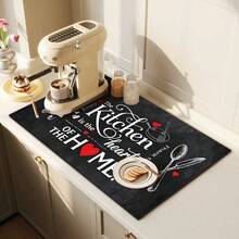 1pc Dish Drying Mat, Coffee Machine Mat, Polyester Fiber Absorbent Mat, Blackboard Style Design, Printed With Kitchen Theme Slogan And Utensils, Heart Pattern, Durable And Highly Absorbent, Suitable For Dining Table, Cafe And Other Scenes, Multi-Purpose Drainage Mat, Home Gift, Tabletop Decor - XYLSD-508 - View 4