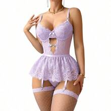 Lilosy Sexy Stocking Rhinestones Heart Garter Underwire Floral Mesh Lace Sheer Babydoll Lingerie Teddy Bodysuit Skirt Set - 薰衣草紫 - 查看 3