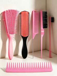 Juego de 6 piezas de cepillo y peine para el cabello, cepillo desenredante, peine de cola de rata y cepillo para bordes para todo tipo de cabello - Multicolor - Ver 1