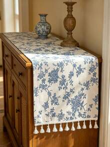 Vintage Landhausstil Tischläufer, saisonale Tischdekoration, Feiertagsparty, Geburtstag, Hochzeit, Esstisch, Couchtisch, Heimdekoration, blauer Rosenmuster rechteckiger Luxus Tischläufer mit Quasten - Mehrere Stile - Übersicht 5